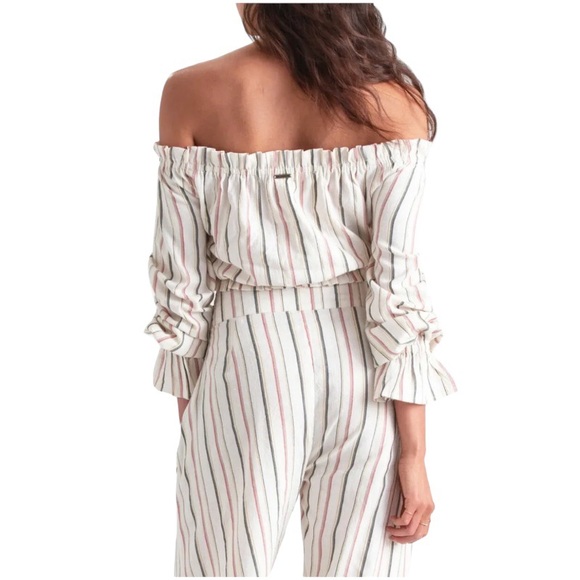 Billabong Off The Shoulder Top Small Cropped Striped 100% Cotton Sun Faded Look - Picture 6 of 16